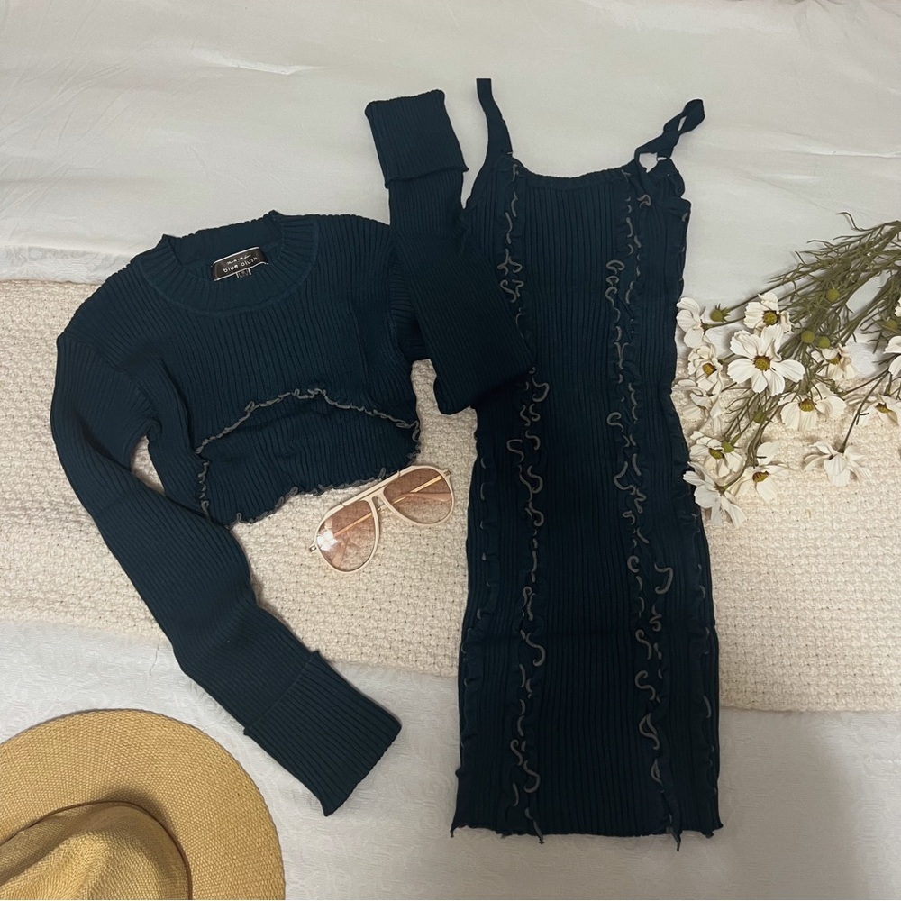 Blue Blush Merrow Detail Sweater Mini Dress & Arm Warmer Set